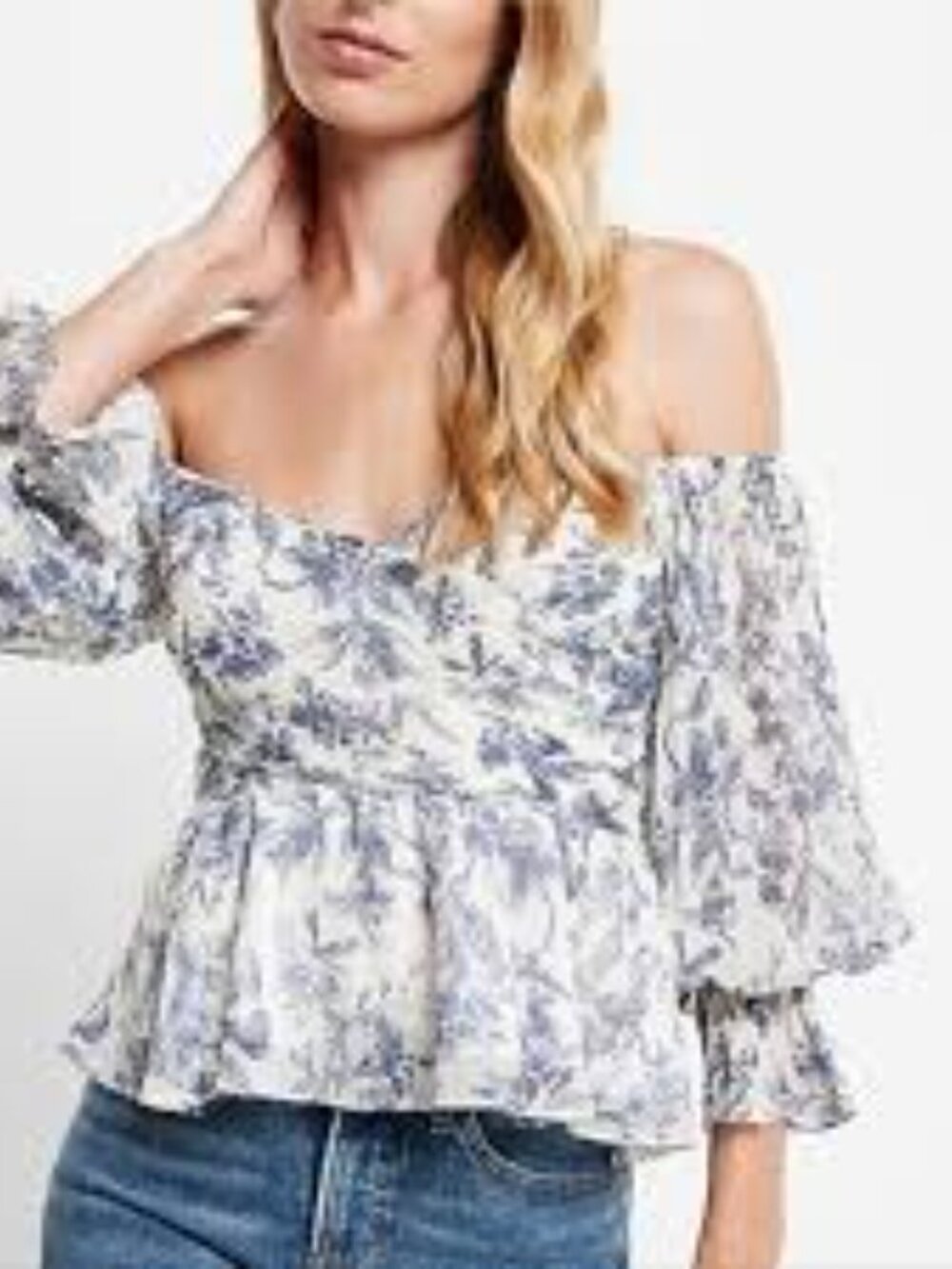 Express metallic pleated off the shoulder top printed Small